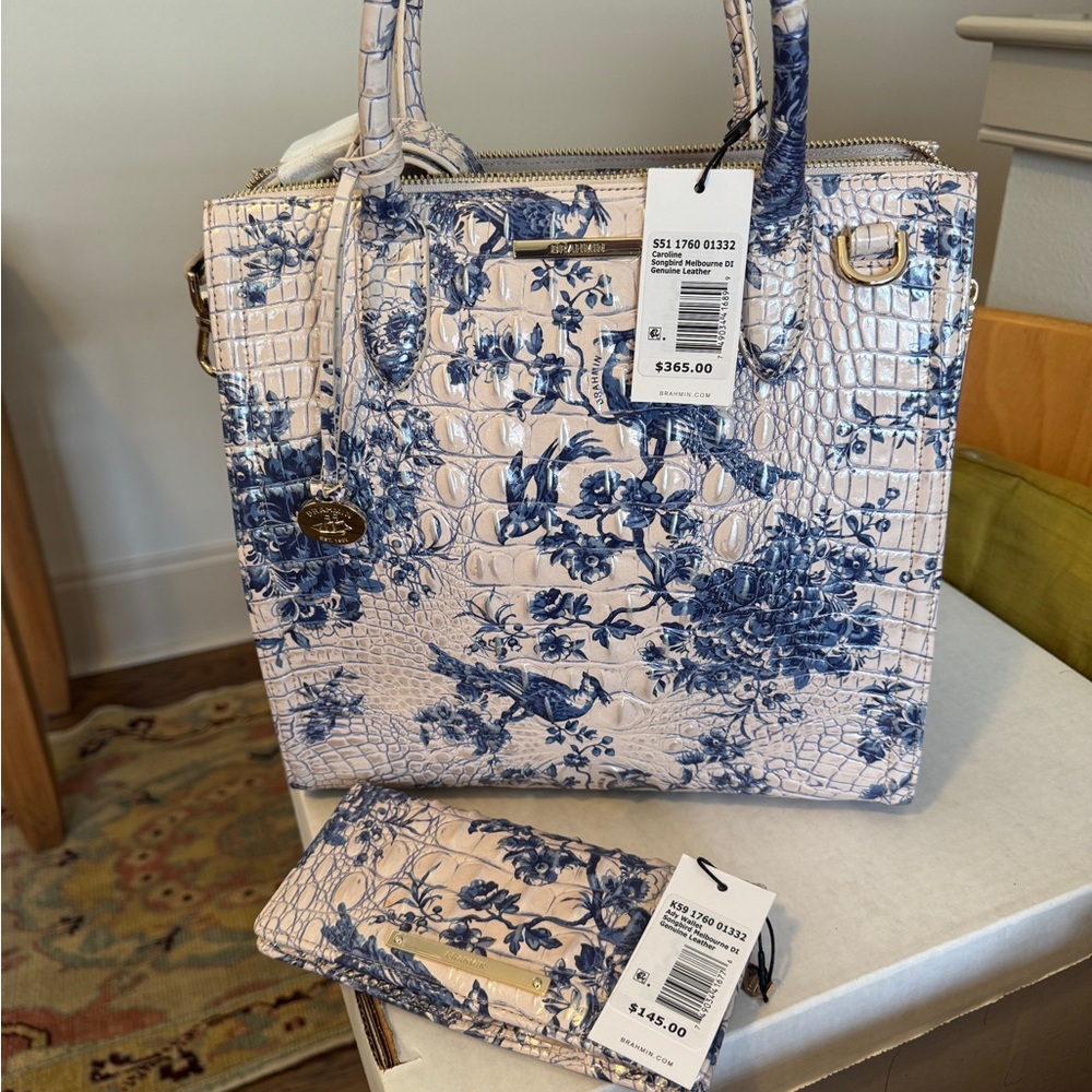 Brahmin Caroline Floral Embossed Tote and Ady wallet in Blue and Cream. NWT